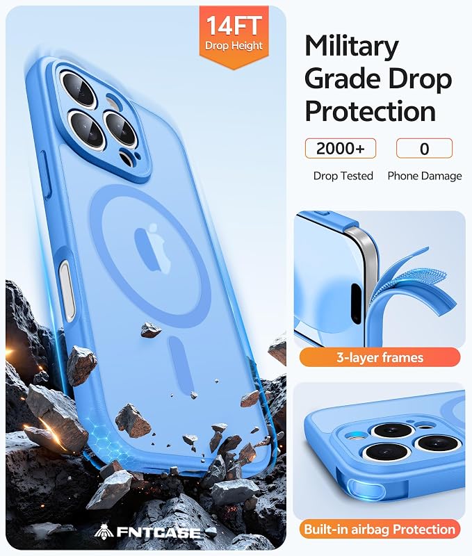 FNTCASE for iPhone 16 Pro Max Case, Fit for Magsafe, Glass Screen Protector | Full Camera Protection, Translucent Matte, 14FT Military Grade Drop Proof, Shockproof Protective Phone Cover, Ice Blue - Image 5