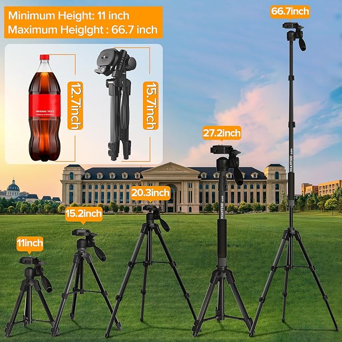 66.7" Camera Tripod Monopod with 3-Way Swivel Head, Aluminum Camera Stand | Camera Tripod with Quick Release Plate & Carry Bag, Fits Canon Nikon DSLR, GoPro, Video Cameras, Camcorders and Smartphones - Image 6