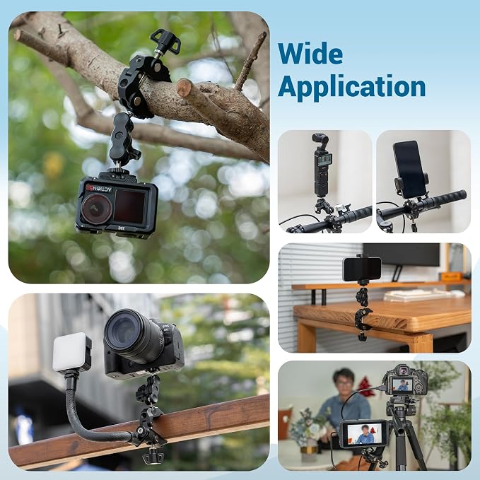 Super Clamp Camera Mount Kit with 360° Dual Ballhead Magic Arm,1/4" and 3/8" Threaded Holes,Action Camera Phone Holder Adapter for Dji Osmo Pocket 4 Monitor LED Light Microphone Desk Tripod Motorcycle - Image 5
