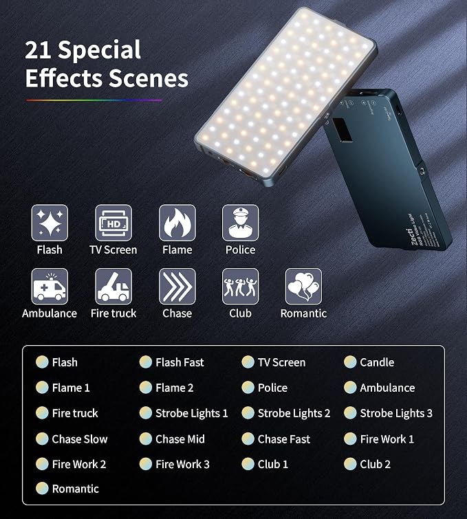 Zecti 135 LED Selfie Camera Phone Light with Metal Hotshoe & Clip | 4000mAh CRI 96+ RGB Video Light, 2500K-9900K 21 Scenes Portable Camera Light for TikTok,Content Creator,12W Max Output Power - Image 6