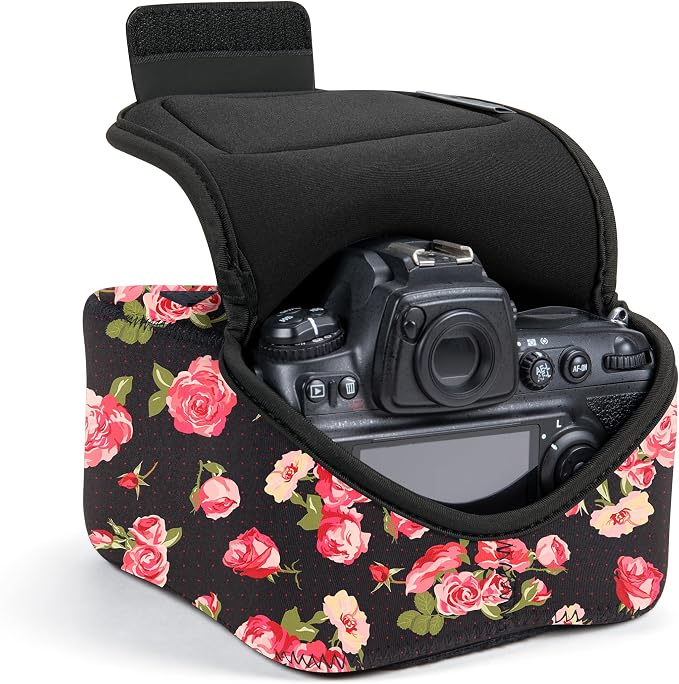 USA Gear Camera Sleeve (Large) for Mid-Size SLRs Compatible with Sony A7 V, Canon EOS R6 Mark II, Nikon Z 6III & more - Padded Neoprene DSLR Case with Zipper Accessory Pocket & Belt Loop (Floral) by USAGEAR