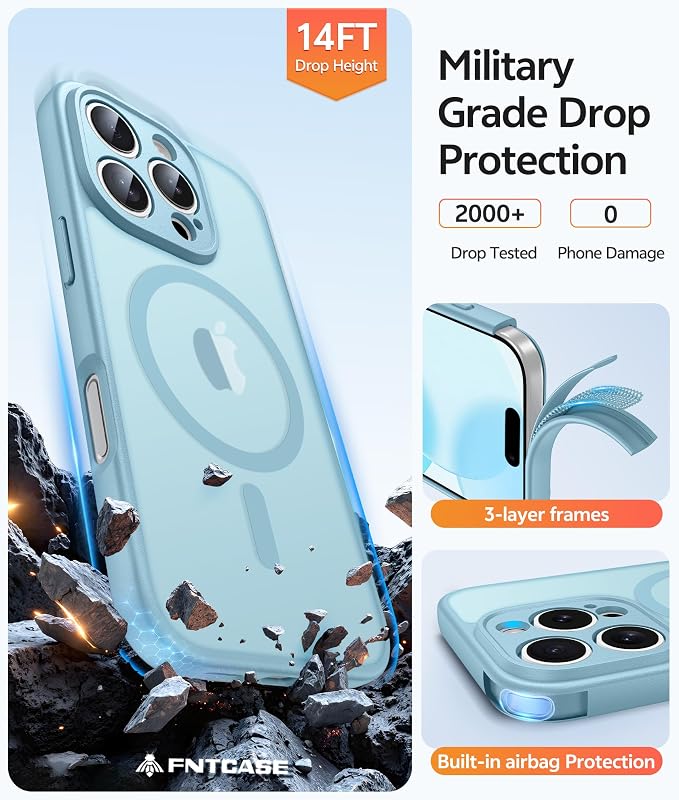 FNTCASE for iPhone 16 Pro Max Case, Fit for Magsafe, Glass Screen Protector | Full Camera Protection, Translucent Matte, 14FT Military Grade Drop Proof, Shockproof Protective Phone Cover, Teal - Image 5
