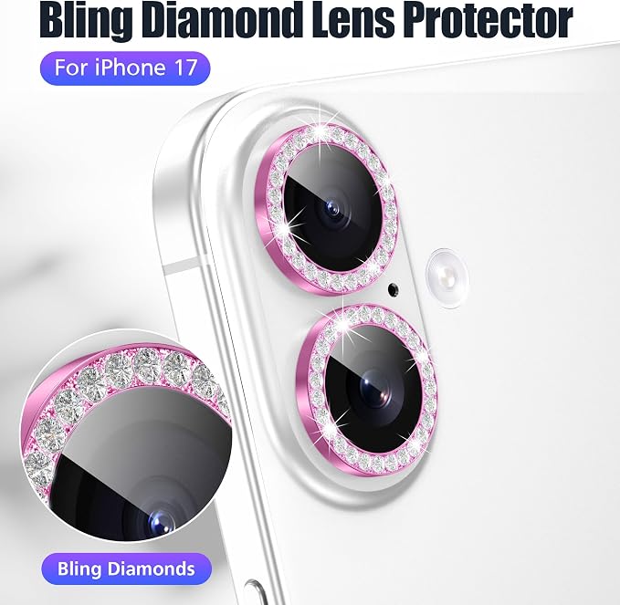 AGVEE 3+3 6 Pack for iPhone 17 Camera Lens Protector Cover | Individual Bling Diamond & Bling Glitter Sparkle Cute Gem Metal Ring, 9H Tempered HD Glass - Image 4