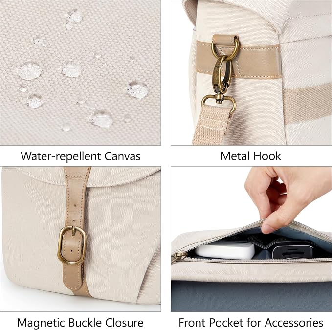 BAGSMART Canvas Crossbody Camera Bag with Rain Cover Women Men, Ivory White | SLR DSLR Camera Case, Compact Camera Shoulder Bag - Image 4