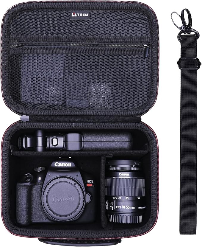 Camera Case Compatible with Canon EOS Rebel T7/R50/R6 Mark II/R100/R50 V/T6/R8/R10/R5 Mark II/RP/R7/5D Mark IV/SL3/R5/T100 DSLR SLR Camera, Len and Tripod with 4 Dividers and Shoulder Strap, Black | Hard Carrying Travel Case for Canon EOS Rebel T7/R50/... by LTGEM