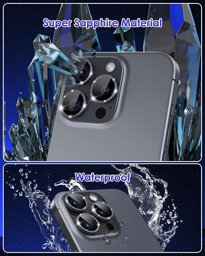 Compatible for iPhone 16 Pro Max/iPhone 16 Pro/iPhone 14 Pro/iPhone 14 Pro Max Camera Lens Protector Glitter, Clear 9H Tempered Glass Glitter Gray+Gray - Image 4