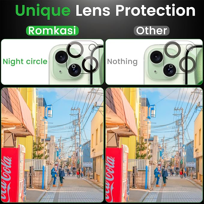Romkasi 4 Pack Privacy Screen Protector for iPhone 15 6.1 Inch with 4 Pack Camera Lens Protector, Anti Spy Tempered Glass Film, Anti-Scratch, Touch Sensitive, Case Friendly - Image 5