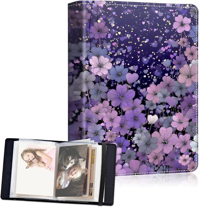 Small Photo Album 4x6, 60 Pockets Holds 120 Photos, Slip-in Pocket Photo Storage Book with Black Elastic Band for Family Wedding Baby Travel Pictures, Pastel Purple Wildflower Heart by Unknown