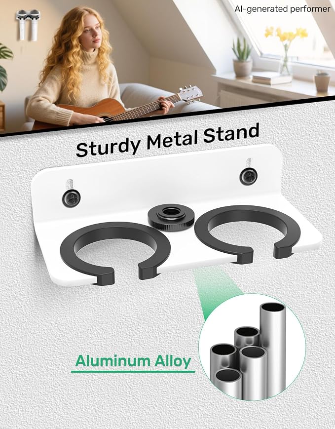 White 2-Slot Multi Mic Holder for Handheld Wired/Wireless, Wall/Stand Mount | Wall Mounted Organizer, Fits 5/8 & 3/8 Mic Stand, Holds 2 Wired/Wireless Mics for Church/Stage/Studio, Rubber Pad Protection - Image 3
