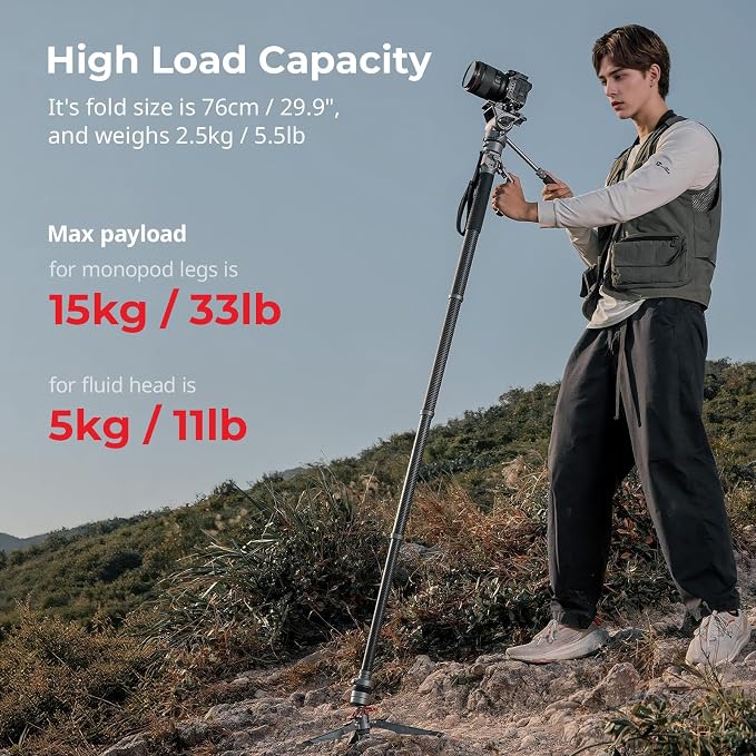 SmallRig 175cm / 68.9" Carbon Fiber Video Monopod for Camera, Compact Camera Monopod with One-Button Lift & Lock, Max. 5kg Playload Fluid Head Fits for DJI RS and for MFT 501L - Image 3