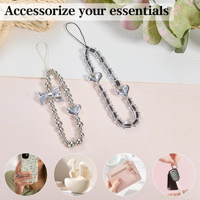 BEEFLYING Heart Beaded Phone Charm Wrist Strap for Case, Grey, 2 Pcs | Acrylic Cell Phone Chain with Bowknot Heart, for Bag Keychain Camera Wallet - Image 6