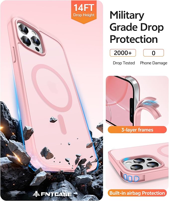 FNTCASE for iPhone 12 Pro Max Case, Fit for Magsafe, Translucent Matte Back | Strong Magnetic Charging, Shock Absorbent, 14FT Military Grade Drop-proof, Anti Slip, Light Pink - Image 4