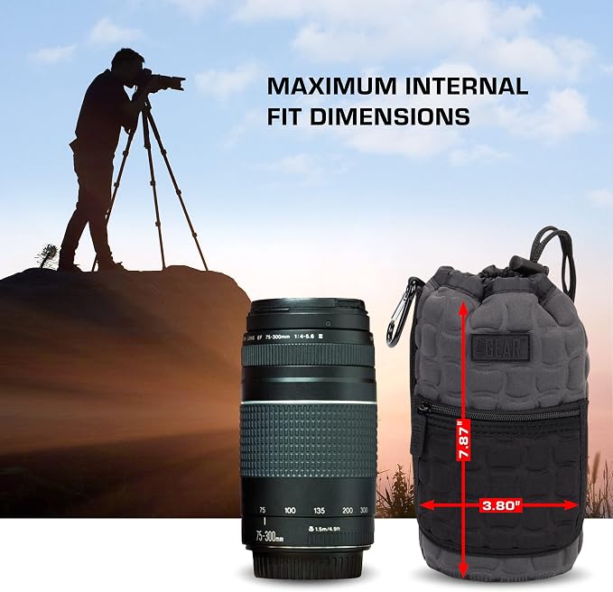 USA Gear FlexARMOR-X Large Lens Case Pouch with Deluxe Padded Neoprene Protection - Fits Camera Lenses up to 7.87" x 3.80", Drawstring Opening, Carabiner Clip, Zippered Storage Pocket - Image 2