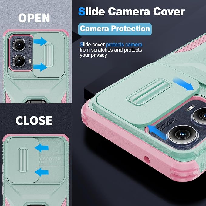 for Moto Edge 2024 Case,with Sliding Camera Lens Cover,HD Screen Protector,360° Rotating Ring Kickstand, Military-Grade Shockproof Protective Cover for Motorola Moto Edge 2024,Mint+Pink - Image 3