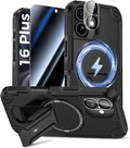Goton 3 in 1 for iPhone 16 Plus Case with Privacy Screen Protector Black | Glass Camera Lens Protector,Compatible for MagSafe,Invisible Kickstand, Shockproof Phone Cover for iPhone16 Plus by Goton
