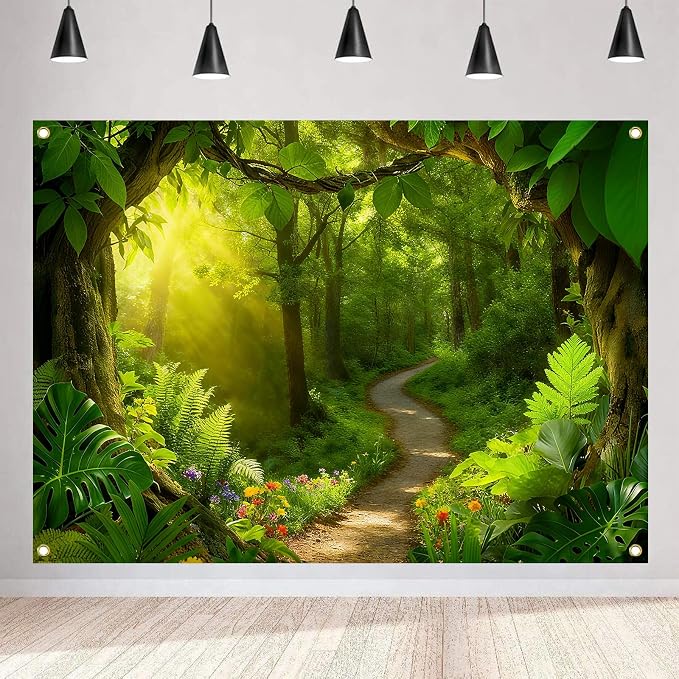 Enchanted Forest Photography Backdrop, Green, Nature Theme, 7x5FT | Jungle Background, Sunlight Woodland Path, Vinyl, for Outdoor Portrait Photoshoot, Party Decor, Photo Booth Prop by LYLYCTY