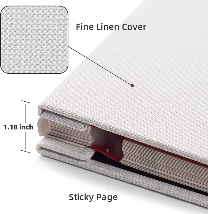 HoneyTolly Large Photo Album Self Adhesive, DIY Scrapbook Album for 4x6 8x10 10x12 Pictures, 60 Pages Linen Cover Memory Book, Ideal Gift for Family Wedding Baby Christmas Anniversary(White) - Image 3