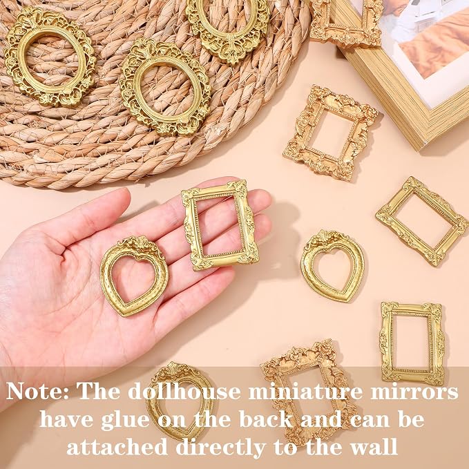 Miniature Dollhouse Mirror & Picture Frames Set 12 PCS Vintage Gold Resin Mini Frames with Carved Details for Wall Hanging Desktop Display Jewelry Showcase DIY Crafts 1/12 Scale Dollhouse Décor - Image 3
