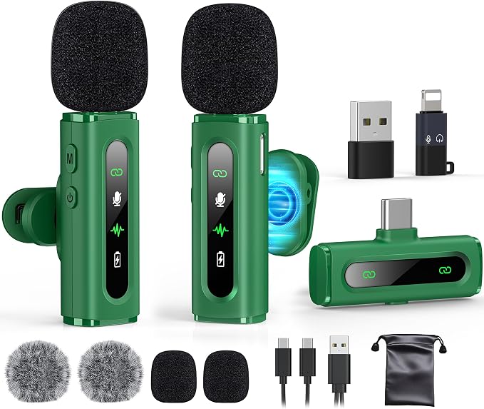 USB C Wireless Lavalier Microphone for iPhone, iPad & Android Phone, Green | 360° Rotatable Clip, Clear Indicator Light, Noise Reduction, Plug & Play, Ideal for Vlogs, TikTok & YouTube Content Creators by GoorDik