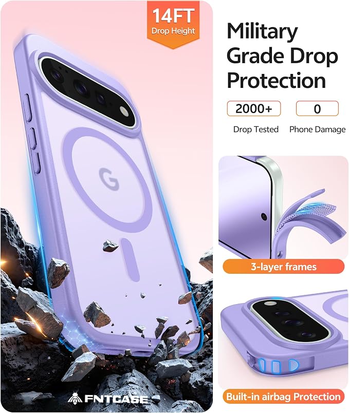 FNTCASE for Google Pixel 11 Pro XL Case, Fit for Magsafe, Screen Protector | Translucent Matte Magnetic Back, 14FT Military Grade Drop Protection, Shockproof Protective Phone Cover, Light Purple - Image 6