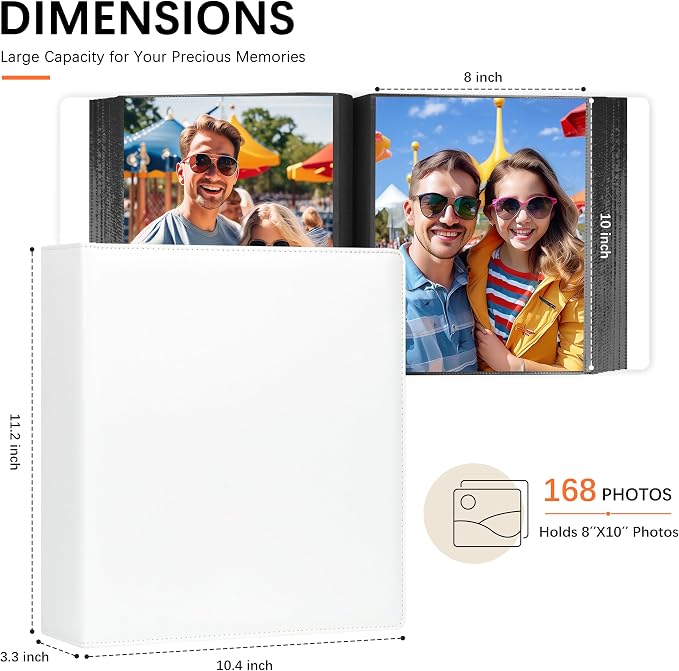 Aevdor 8x10 Photo Album, 168 Photos, Leather Cover, White | Large Capacity, Side-Loading Clear Pockets, Vertical 8x10 Layout, Black Inner Pages, Wedding, Travel, Baby & Family Memories - Image 2