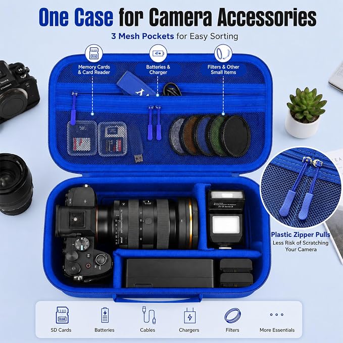 Camera Case for Canon EOS Rebel T7/R50/R100/for Sony a7iv/Mirrorless | EVA hard shell, Oxford fabric, 4 adjustable dividers and 3 mesh pockets for camera travel and home storage-Blue (Case Only) - Image 7