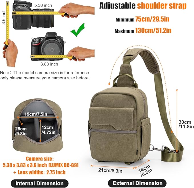 Cwatcun Sling Camera Bag Canvas, Compact Crossbody Case with Rain Cover | Fits 1DSLR+1lens +7.9"iPad +6.1"phone. Travel Photography Bag for Canon, Nikon, Sony, Fuji DSLR/SLR/Mirrorless Cameras, Lens - Image 2