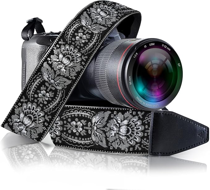 Art Tribute Camera Strap - Shoulder, Crossbody & Neck Camera Strap for Photographers, Fits All Cameras, Canon Nikon Sony Fujifilm, Padded Strap W/Quick Release, Embroidered Cotton & Leather Ends by ArtTribute