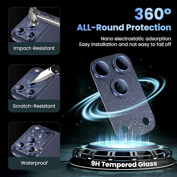 Uyiton for iPhone 17 Pro Max Camera Lens Protector, Metal Frame Glass Cover | Not Easy to Break, Strong Adsorption, Case-Friendly, Metal 9H Sapphire Glass Rear Camera Screen Cover, Glitter Blue - Image 2