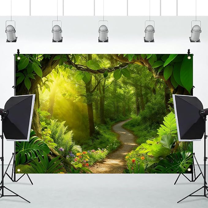 Enchanted Forest Photography Backdrop, Green, Nature Theme, 7x5FT | Jungle Background, Sunlight Woodland Path, Vinyl, for Outdoor Portrait Photoshoot, Party Decor, Photo Booth Prop - Image 5