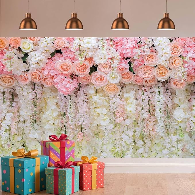 10x10ft Pink Rose Flower Wedding Photography Backdrop Spring Floral Photography Backdrop Valentine's Day Mother's Day Girl Birthday Baby Shower Wedding Bridal Party Banner Photo Booth Props Background - Image 4