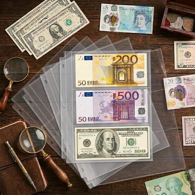 50 Pack （7.6x3.6inch ） 3 Pockets Currency Sleeves for 3 Ring Binder | Currency Collection Sleeves, Cash Collecting Album Refill Page, for Collecting Dollar Bills, Paper Money,and Coupons - Image 7