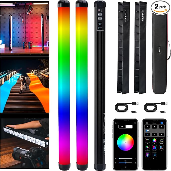 VILTROX K60 2 Pack Large Handheld Stick Light, 32Wh Rechargeable Battery 20W 1950lm RGB LED Video Light w PD Fast Charging CRI 97+ 2500K-8500K LCD Display, 22.8" Tube Light for Photography Light Wand by ViltroxOfficial