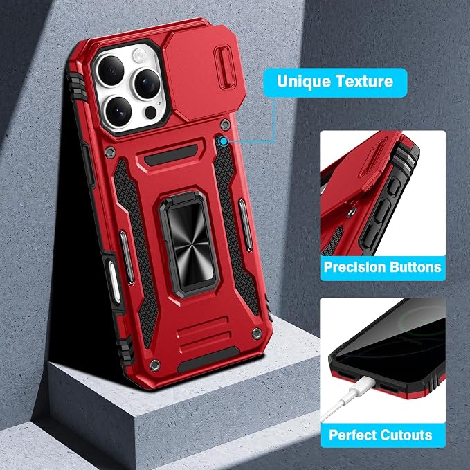 VEGO for iPhone 16 Pro Case with Camera Cover & Privacy Screen Protector | Tempered Glass Screen Protector & Ring Kickstand Military Grade Heavy Duty Protection Cover for iPhone 16 Pro - Red - Image 7