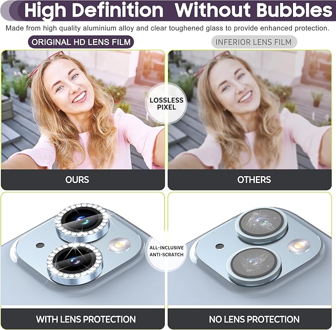 Suoman for iPhone 14 6.1 inch / 14 Plus 6.7 inch Camera Lens Protector, 9H Tempered Glass Film, [Does not Affect Night Shots] Metal Frosted Diamonds Independent Protective Cover- Diamond Blue - Image 5