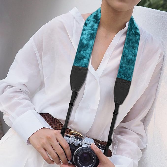 Padwa Lifestyle Peacock Blue Velvet Camera Strap - 2" Double Layer Full Grain Cowhide Leather Head Camera Straps for Photographers,Unique Soft Velvet Fabric with Quick Release fits all Cameras - Image 7