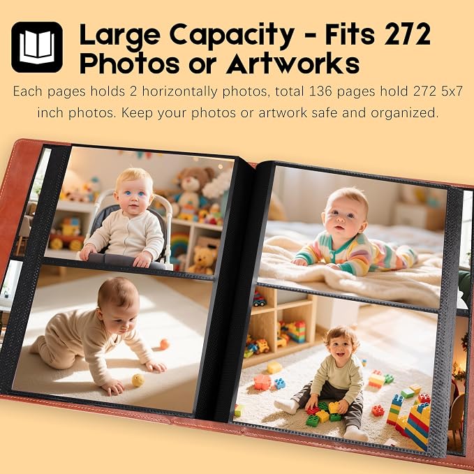 Aevdor 5x7 Photo Album, Holds 272 Photos, Leather Cover, Brown | Clear 5x7 Photo Pockets, Front Display Window, Family, Wedding, Birthday, Anniversary & Travel Memories - Image 3