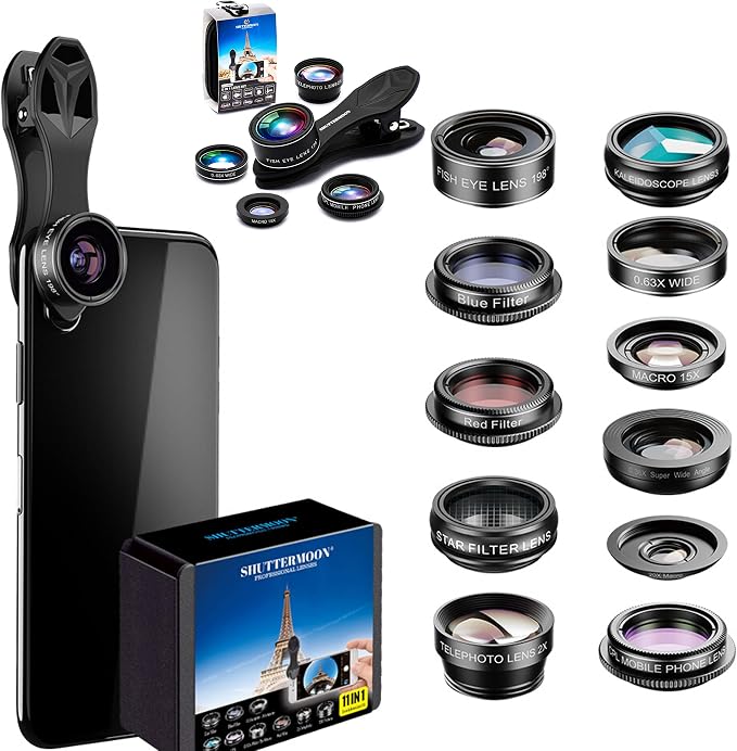 SHUTTERMOON Camera Lens Kit Smartphones/Pixel/Samsung/Android Phones Camera. 2xTele Lens ZoomLens+Fisheye Lens+0.36XSuper Wide Angle Lens & 20X Macro Lens CPL.Blue &Red Filter Filter by Shuttermoon