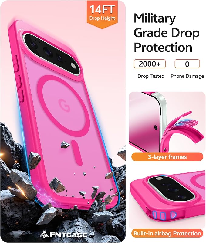 FNTCASE for Google Pixel 11 Pro XL Case, Fit for Magsafe, Screen Protector | Translucent Matte Magnetic Back, 14FT Military Grade Drop Protection, Shockproof Protective Phone Cover, Hot Pink - Image 6