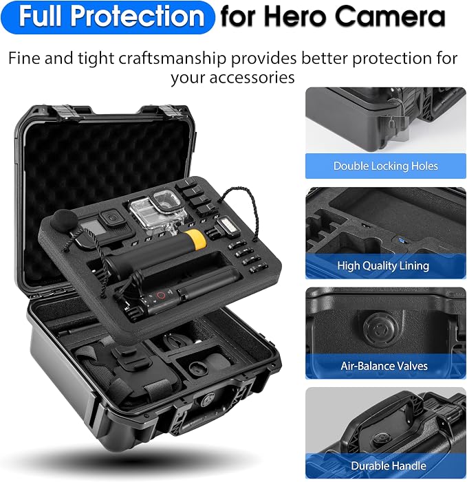 Carrying Organizer Case For Gopro Hero 13/12/11/10 Lit Hero Accessories | Hard Creator Edition Odorless for Media Mod/Volta/Chest Mount/ Waterproof Travel Storage Cases 12.4*4.7*10.4inch - Image 7