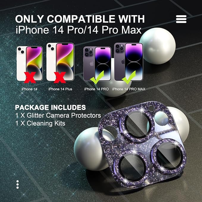 Choiche for iPhone 14 Pro/iPhone 14 Pro Max Camera Lens Protector | Bling Camera Cover with 9H Tempered Glass Lens Screen Protector Metal Ring Decoration Accessories (Glitter-Purple) - Image 2