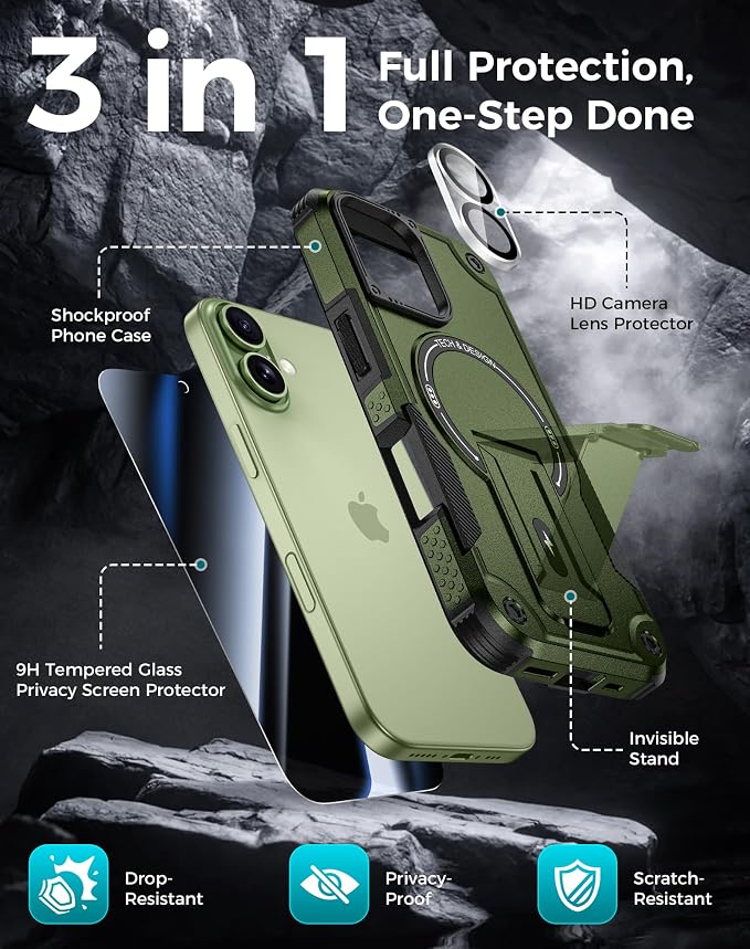 Goton 3 in 1 for iPhone 17 Case with Privacy Screen Protector Green | Glass Camera Lens Protector,Compatible for MagSafe,Invisible Kickstand, Shockproof Phone Cover for iPhone17 - Image 3
