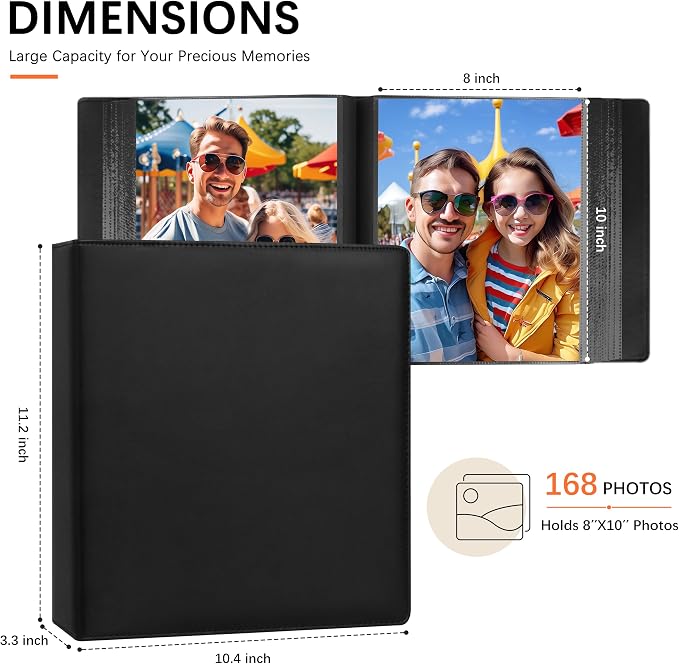 Aevdor 8x10 Photo Album, 168 Photos, Leather Cover, Black | Large Capacity, Side-Loading Clear Pockets, Vertical 8x10 Layout, Black Inner Pages, Wedding, Travel, Baby & Family Memories - Image 6
