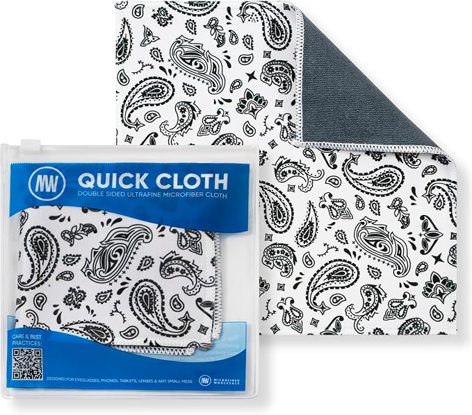 Microfiber Wholesale Quick Cloth Glasses Cleaning Cloths 8x8 Paisley White | 1-Pack with Case | Double-Sided Lens Cleaner Eyeglasses, Camera, Screens & Glass | Reusable Microfiber Glass Polishing Cloths by MicrofiberWholesale