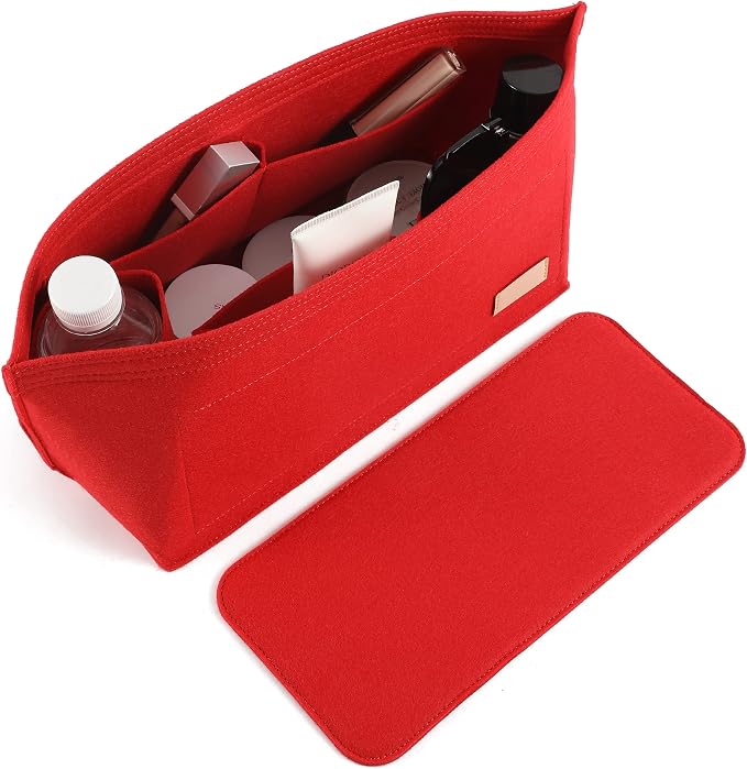 Doxo Purse Organizer Insert for Handbags & Base Shaper 2pc Set, Felt Neverfull GM Organizer Insert, Tote Bag Organizer with Zipper Pocket and Bottle Holder, Fit Neverfull GM and More, Red-XL by Doxo