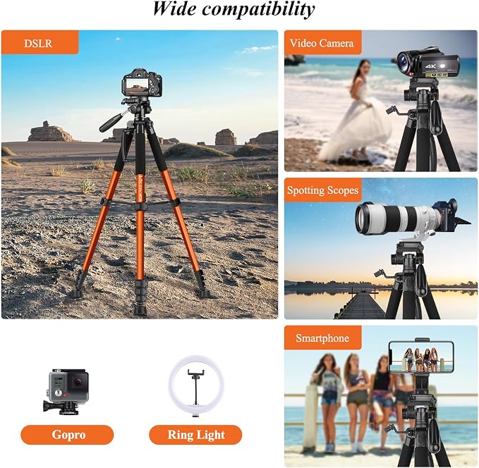Victiv 74” Camera Tripod, Phone Tripod for iPhone with Phone Holder, Orange | Aluminum Professional Heavy Duty Camera Tripod Stand, Tall Tripod for DSLR with Carry Bag, Compatible with Canon Nikon iPhone - Image 5