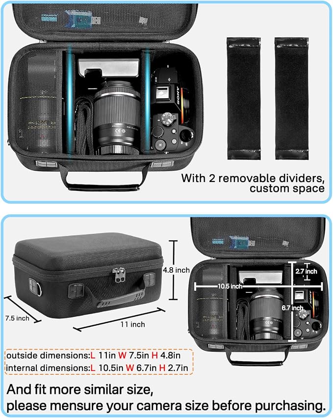 RAIACE Hard Case Compatible with Sony Alpha 7 II III IV/7R V Camera, for Nikon, for Canon, for Pentax and More.Large Capacity With Mesh Pocket for Lens, Charger, Cables, Cards and Accessories.-Black - Image 4