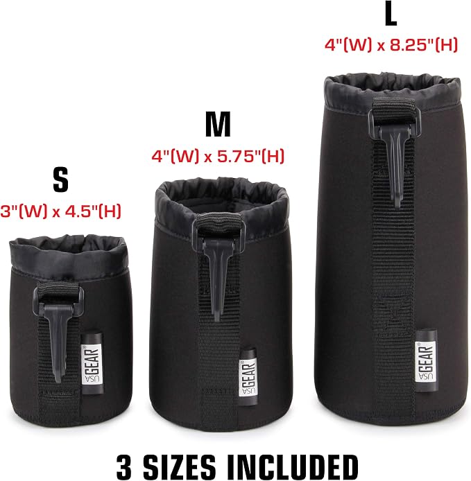 USA Gear FlexARMOR Protective Neoprene Lens Case Pouch Set 3-Pack - Small, Medium and Large Cases with Drawstring Opening, Attached Clip, Reinforced Belt Loop (Black) - Image 3