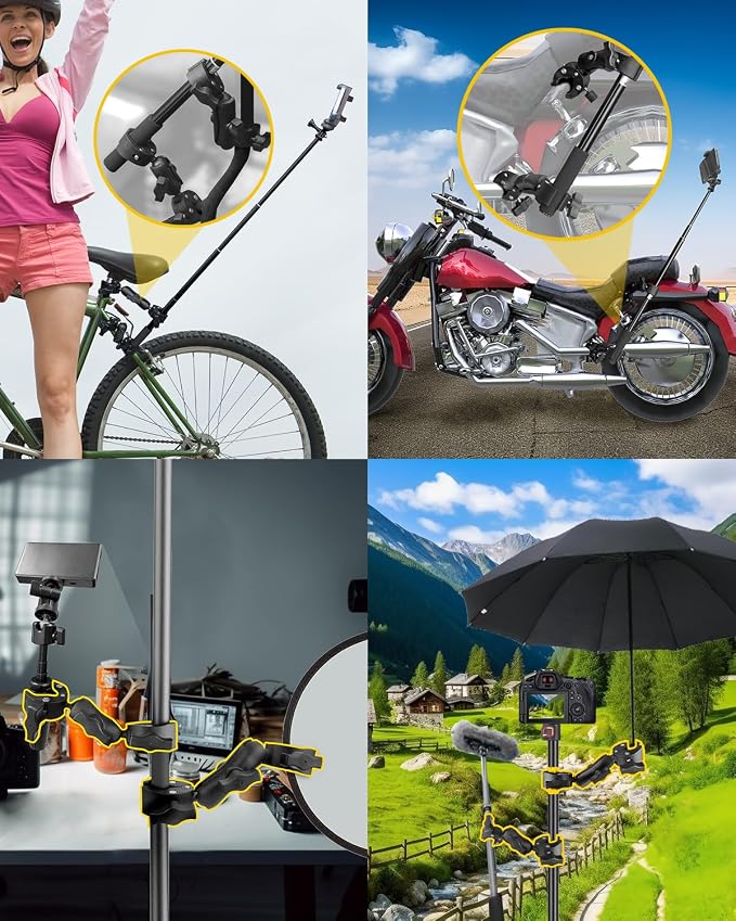 Double Super Clamp Mount 7.28"/18.5cm & 8.86"/22.5cm, Motorcycle Bike Handlebar Umbrella Pole Chair H oleder Clamp Mount for Light Stand Reflector Boom Stand Selfie Stick - Image 2