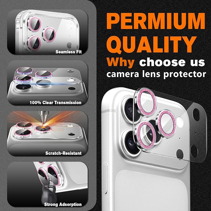 2 Pack for iPhone 17 Pro Max Camera Lens Protector | Bling Tempered Glass 9 Hardness,Anti-Scratch High Definition Camera Screen Protector (Pink) - Image 5